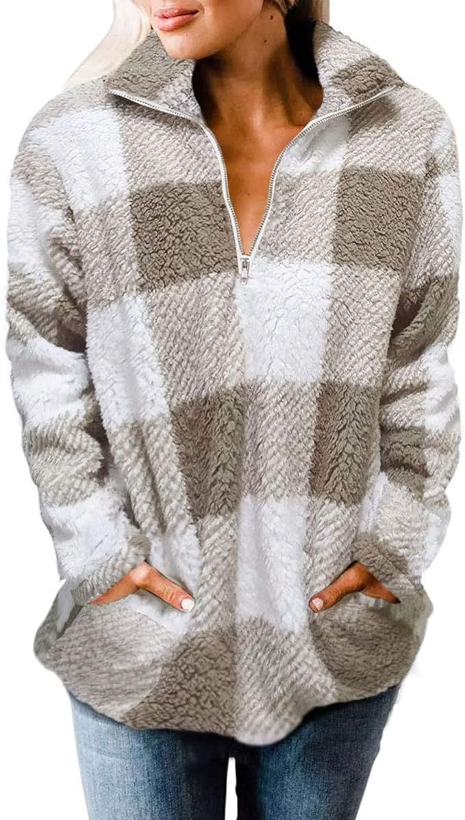 ZESICA Women's Plaid Long Sleeve Zipper Sherpa Fleece Sweatshirt Pullover Jacket Coat with Pocket... | Amazon (US)