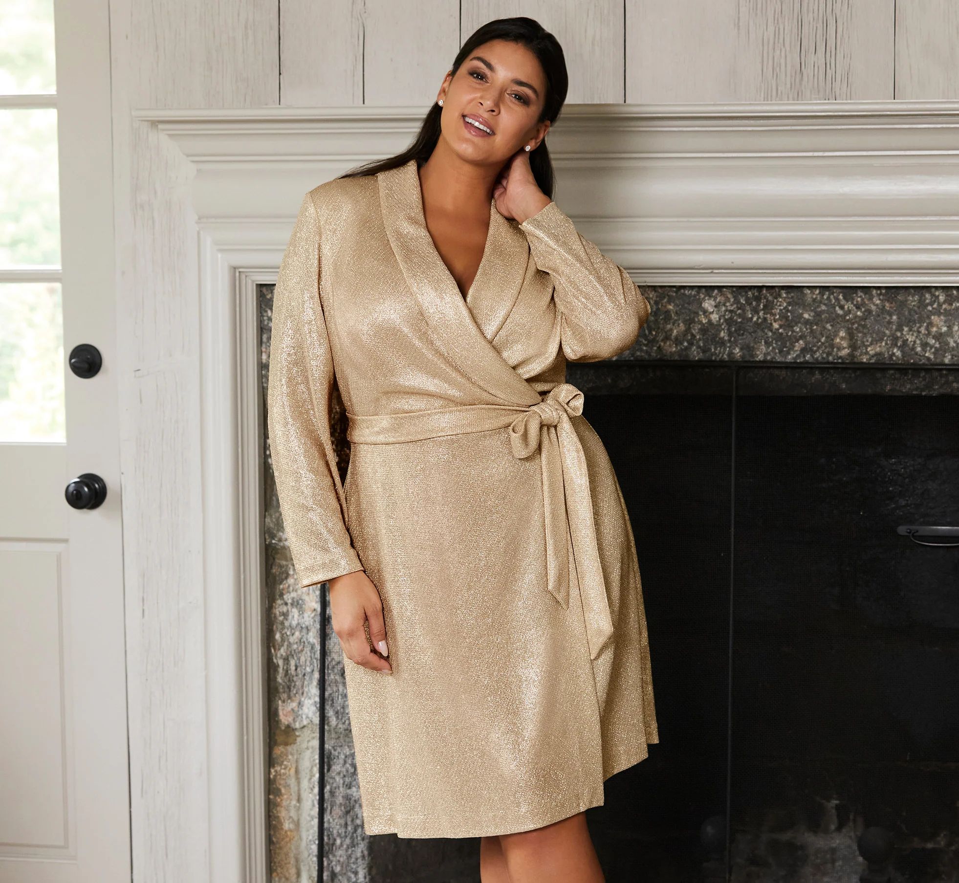Plus Size Metallic Jersey Short Wrap Tuxedo Dress In Gold | Adrianna Papell