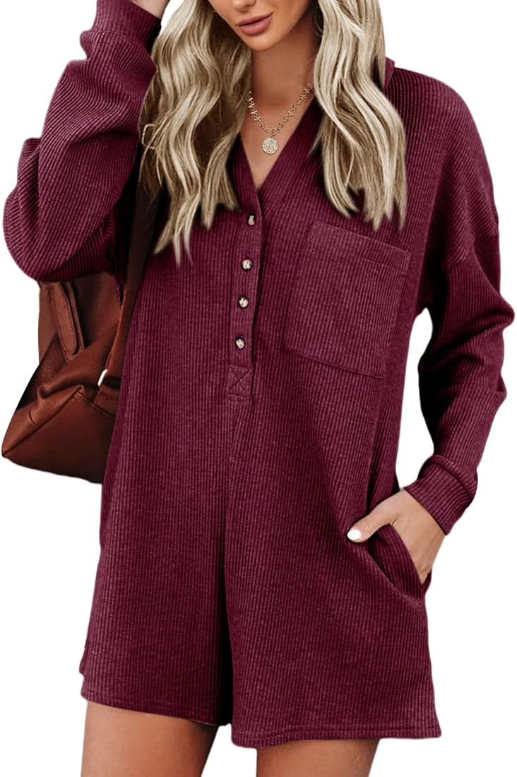 Saodimallsu Womens V Neck Button Romper Casual Waffle Knit Short Sleeve Playsuit Short One Piece Jum | Amazon (US)