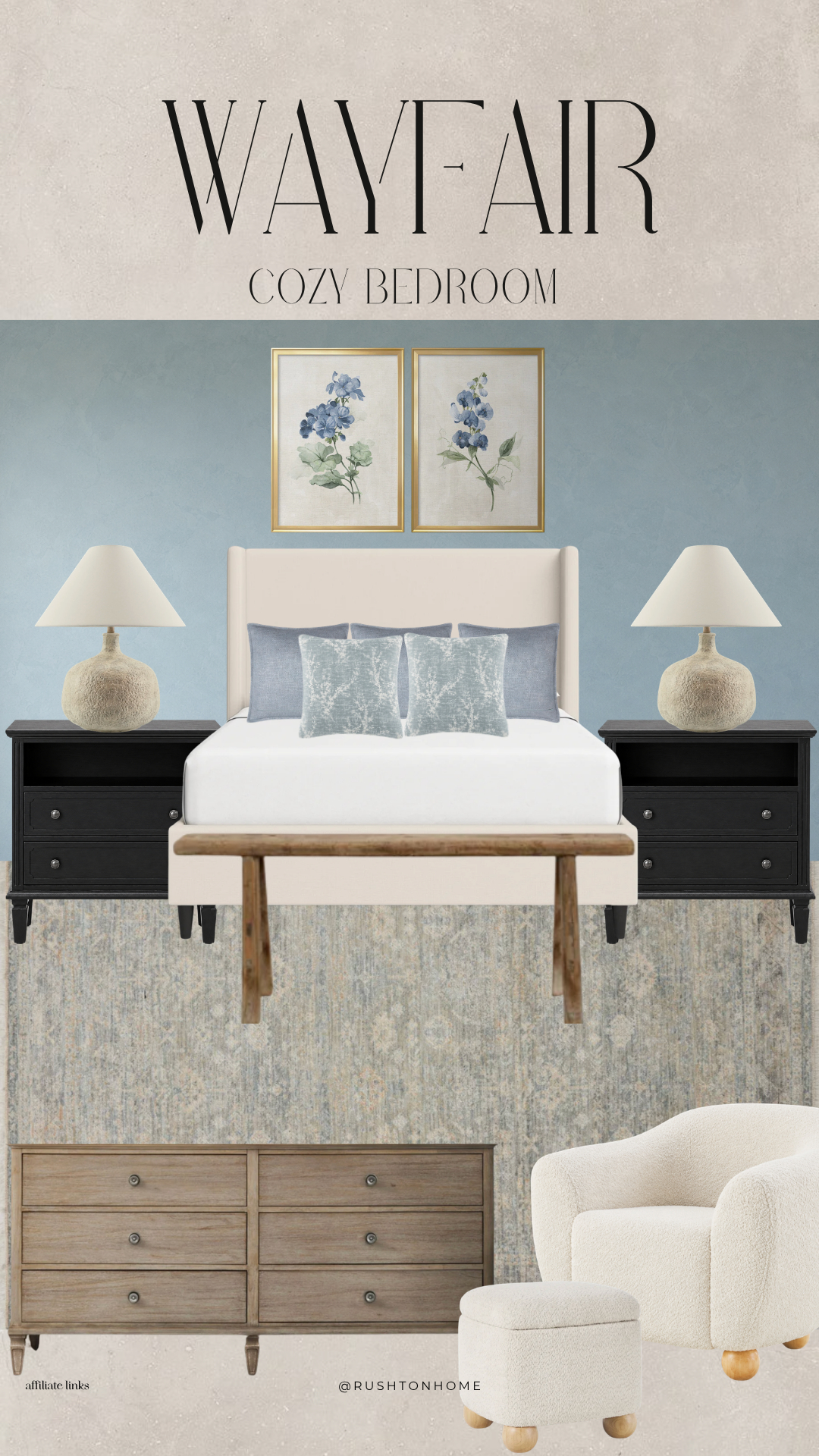Wayfair bedroom, Wayfair home finds, cozy bedroom ideas, blue bedroom decor, blue accent wall, traditional bedroom, transitional bedroom, neutral bedroom furniture, upholstered bed, black nightstands, bedroom bench, bedroom dresser, boucle accent chair, boucle ottoman, blue area rug, floral wall art, cozy primary bedroom, elegant bedroom decor, bedroom makeover, classic bedroom design, affordable bedroom furniture, Wayfair furniture finds, bedroom inspiration 

 #LTKHome