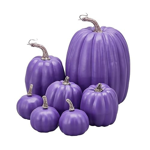 woshilaocai 7PCS Artificial Pumpkins Décor Fall Harvest Thanksgiving/Halloween Holiday Farmhouse Decorations for Home (Purple) | Amazon (US)