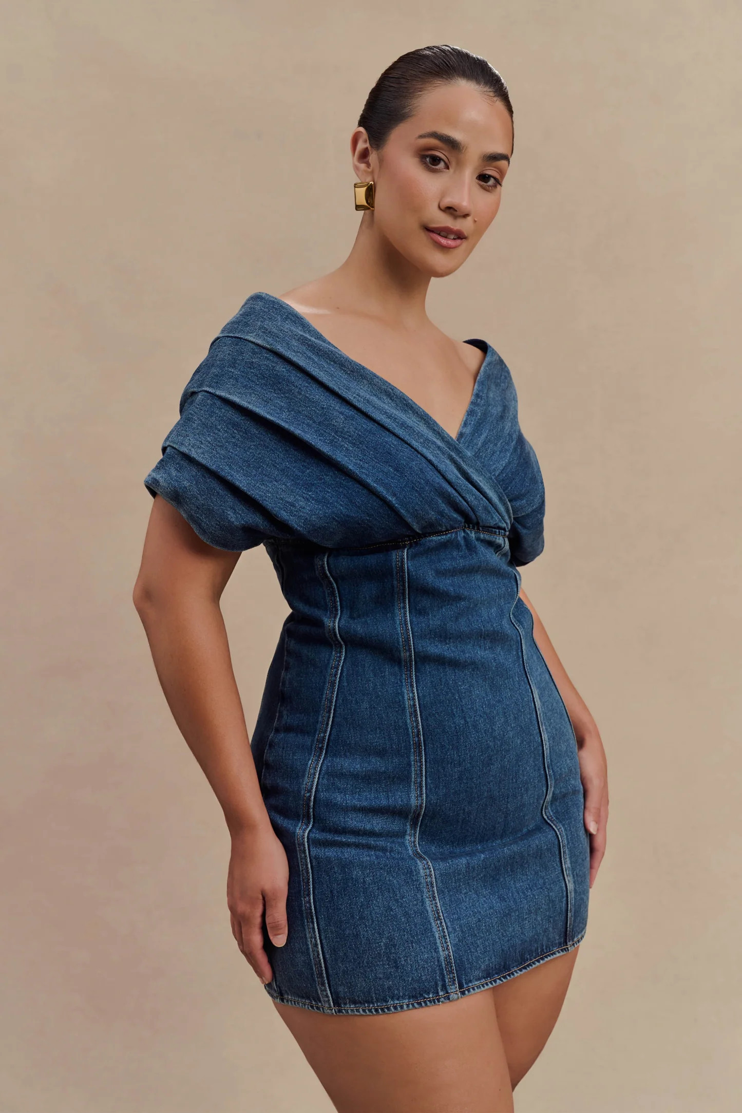 Pascale Off Shoulder Denim Mini Dress - Washed Dark Blue | Meshki (APAC)