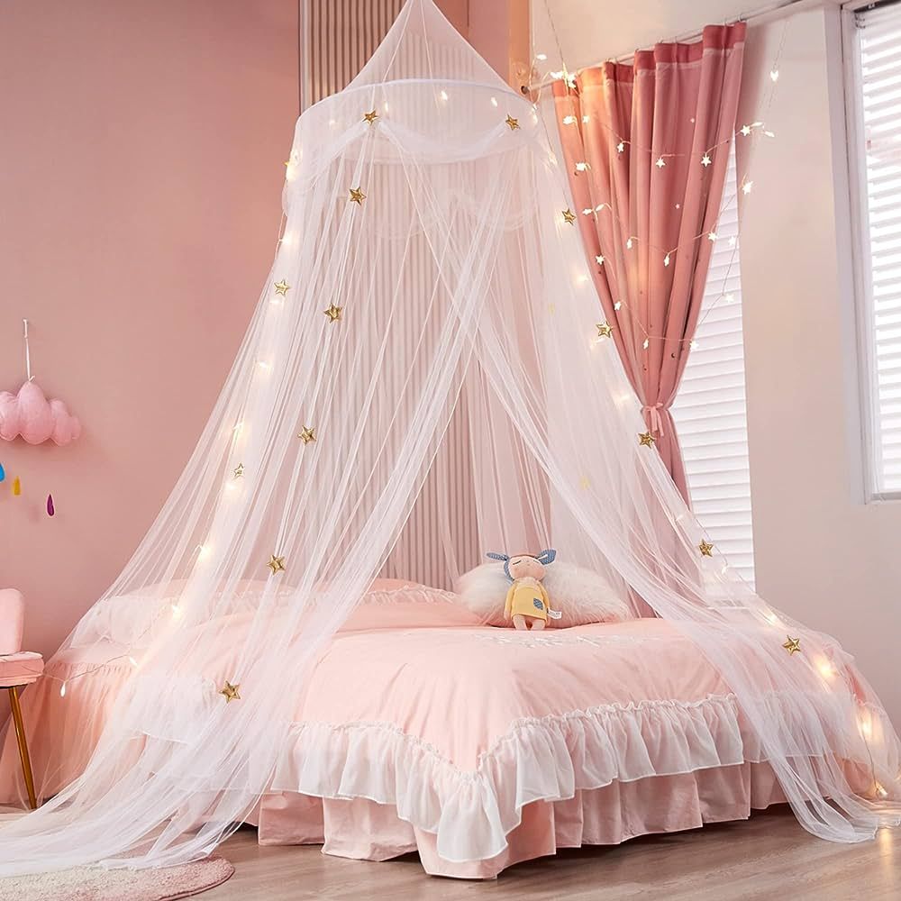 Nattey Bed Canopy with Lights for Girls,Gold Star Princess Crib Canopy Curtains,Extra Large Dome ... | Amazon (US)