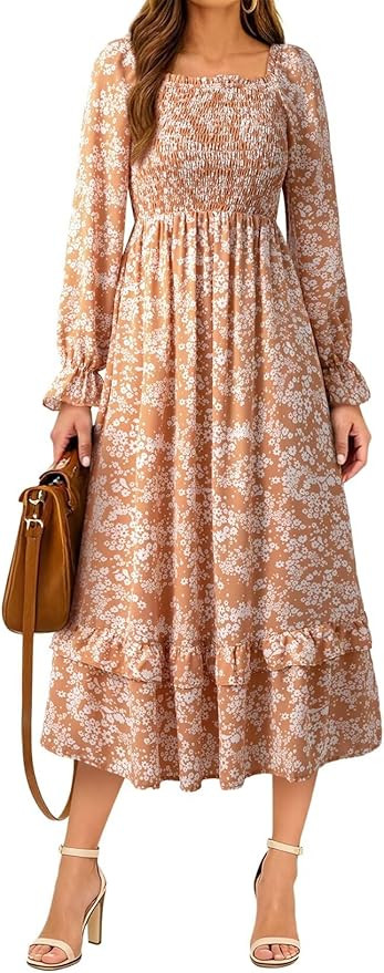 Dokotoo Boho Dresses for Women 2025 Casual Floral Square Neck Long Sleeve Smocked Elastic Waist T... | Amazon (US)