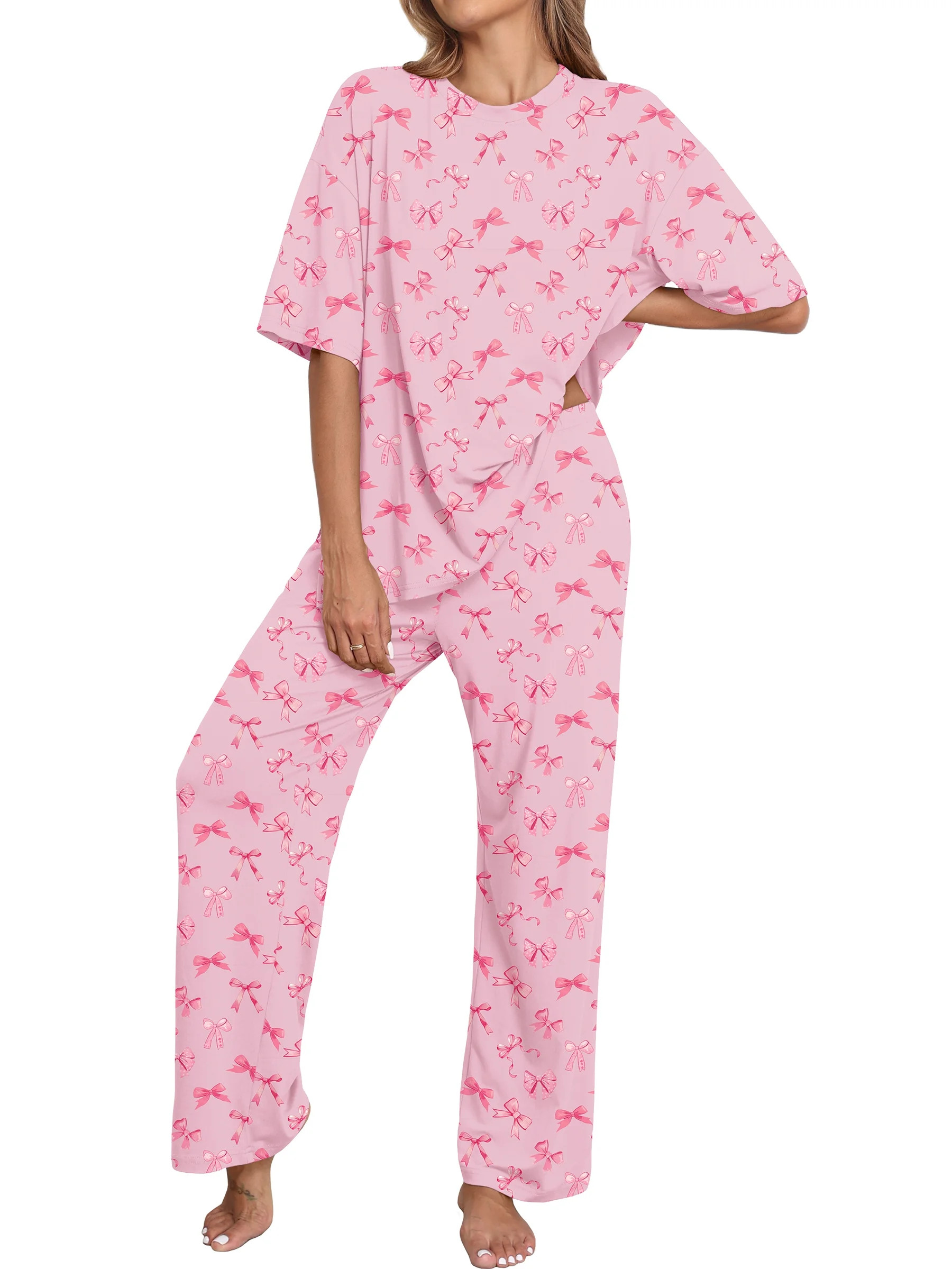 MINTREUS Valentine's Day Lounge Sets for Women Knit Short Sleeve Tops and Long Pants Soft Comfy P... | Walmart (US)