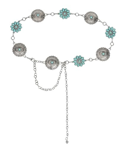 Western-Concho-Belt-Women Cowgirl-Metal-Belts Boho Silver Vintage Turquoise Chain Belt for Dress ... | Amazon (US)