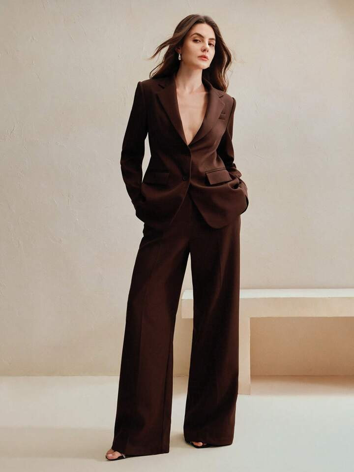 SHEINxLarissa&André Anewsta 2pcs Women Suit Set, Maillard Color Blazer Jacket + Straight Leg Pants | SHEIN