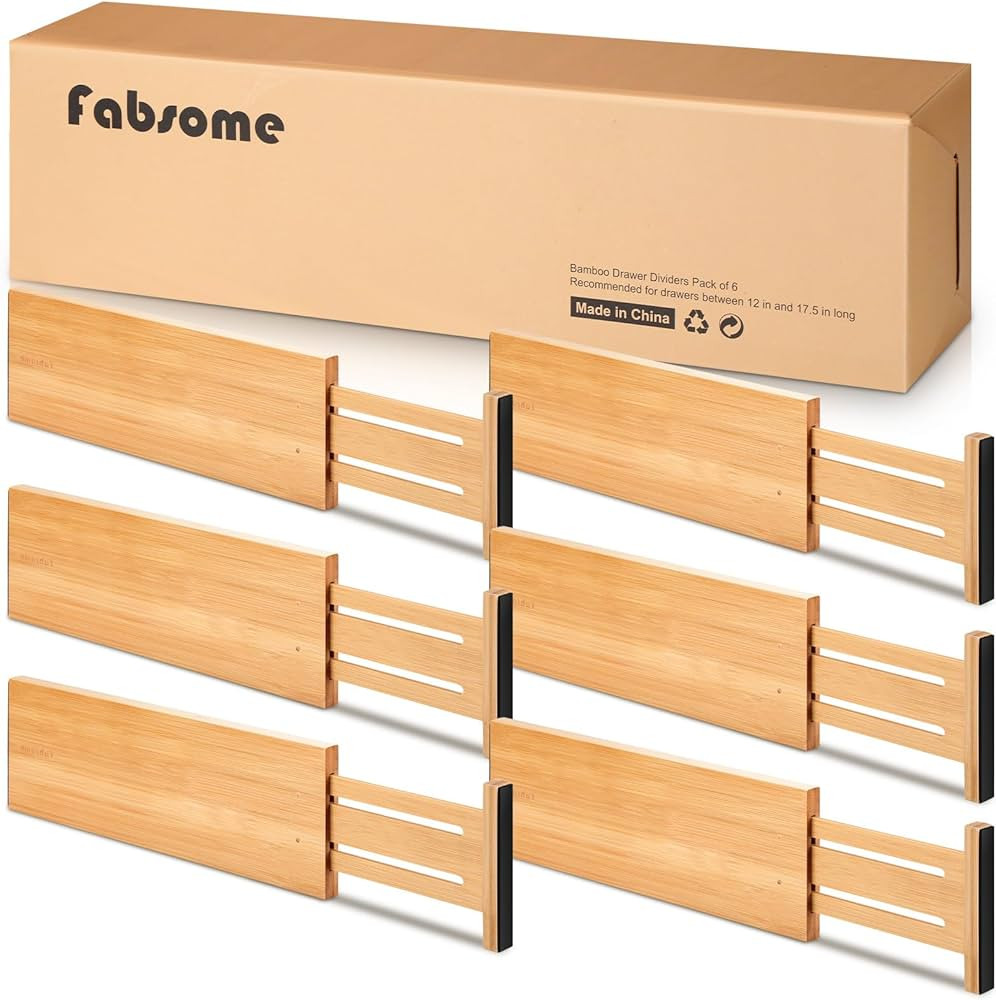 Fabsome Dresser Drawer Organizers 6 Pack, 4.65'' High Adjustable from 17-22‘’ Bamboo Drawer D... | Amazon (US)
