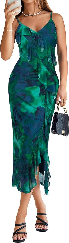 Simplee Women Floral Ruffle Bodycon Maxi Dress 2026 Summer Spaghetti Strap V Neck Mesh Slit Weddi... | Amazon (US)