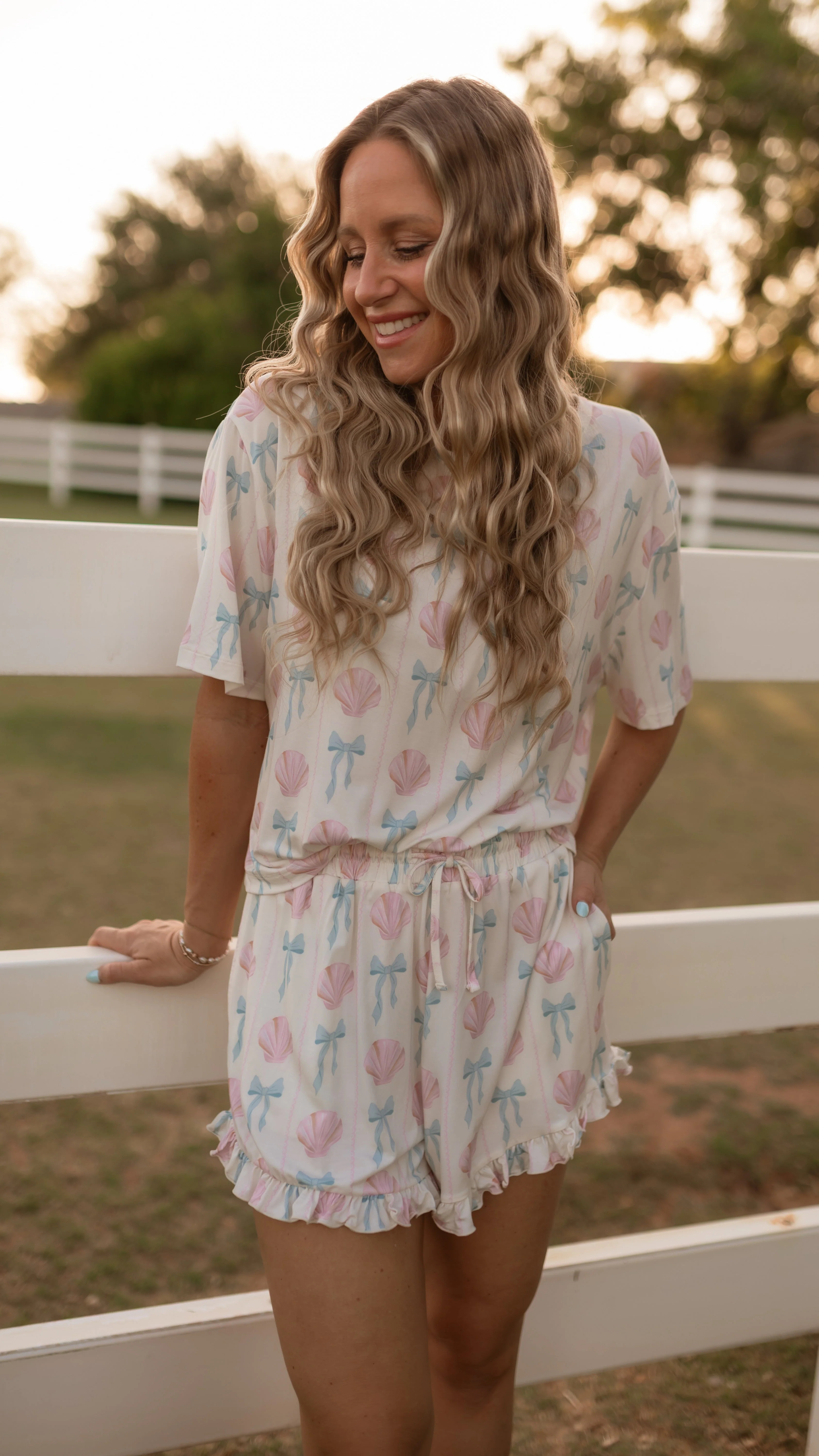 Women's Ruffle Short Set in Bows and Shells | Silks Design