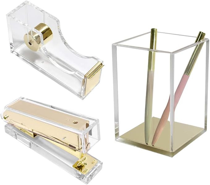 Clear Gold Desk Accessories Organizer Set Tape Dispenser Stapler Staples Pen Organization Pencil ... | Amazon (US)