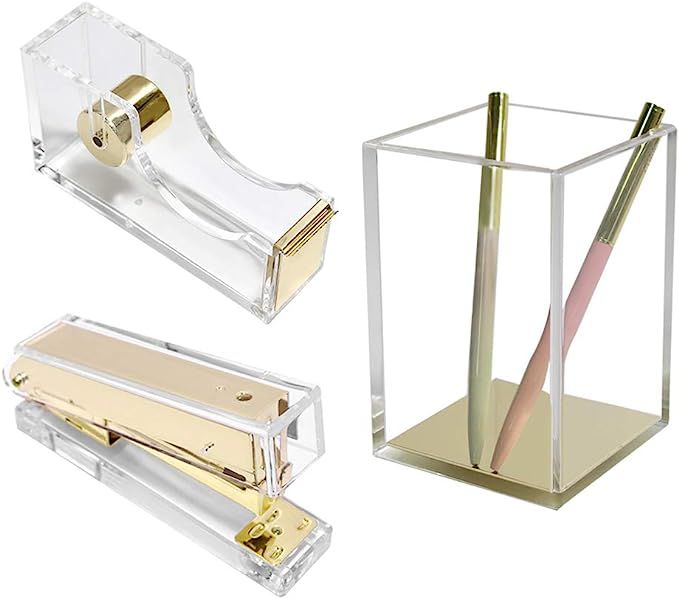 Clear Gold Desk Accessories Organizer Set Tape Dispenser Stapler Staples Pen Organization Pencil ... | Amazon (US)