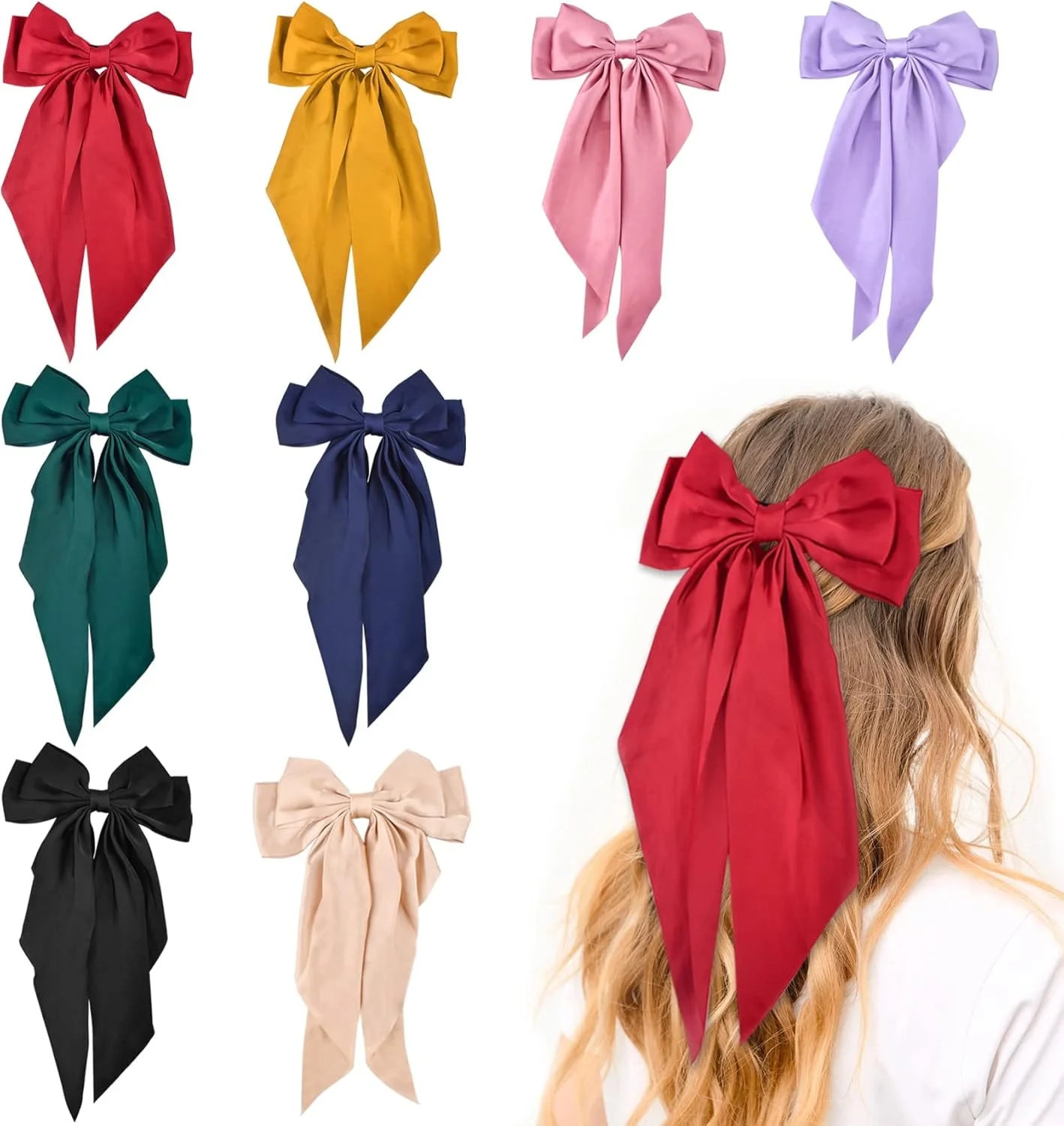 Big Hair Bows for Women, 8Pcs Big Hair Ribbon with Long Tail, Long Silky Satin Hair Clip for Girl... | Walmart (US)