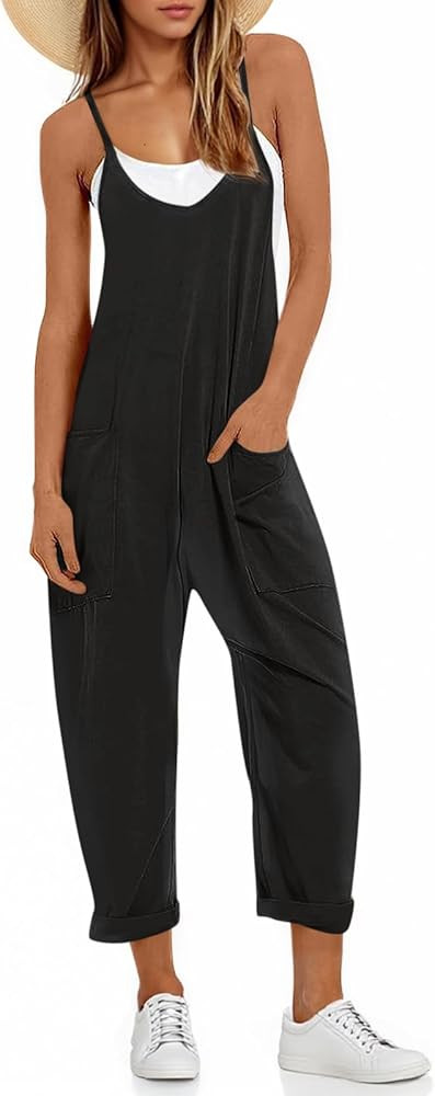 Fisoew Women's Summer Sleeveless Loose Casual V Neck Jumpsuits Spaghetti Strap Long Pants Baggy O... | Amazon (US)