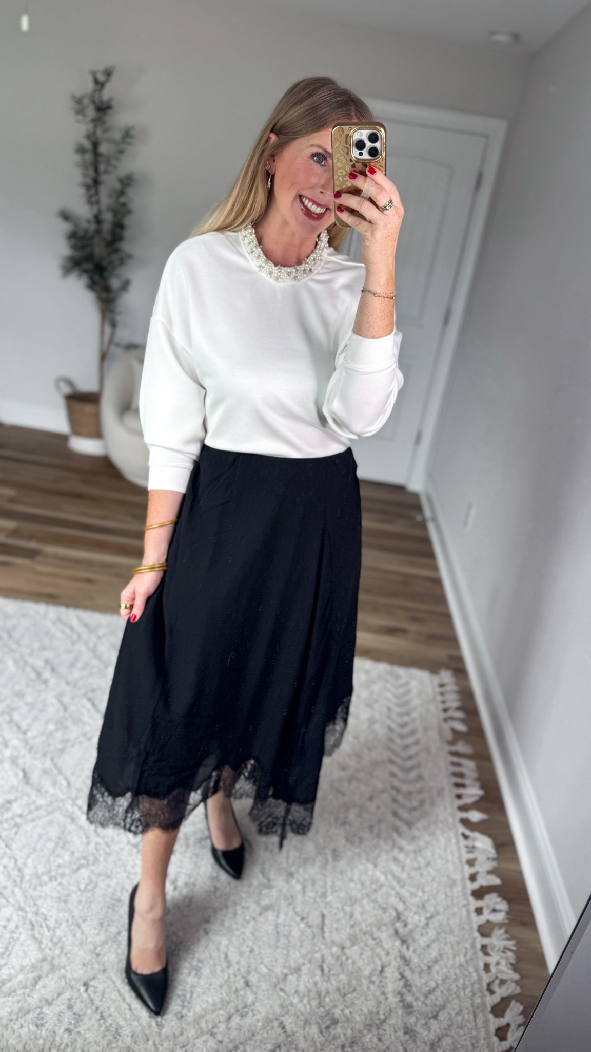 Daily try on, Walmart outfit, Walmart fashion, Walmart style, Pearl embellished scuba sweatshirt, black Lace midi skirt