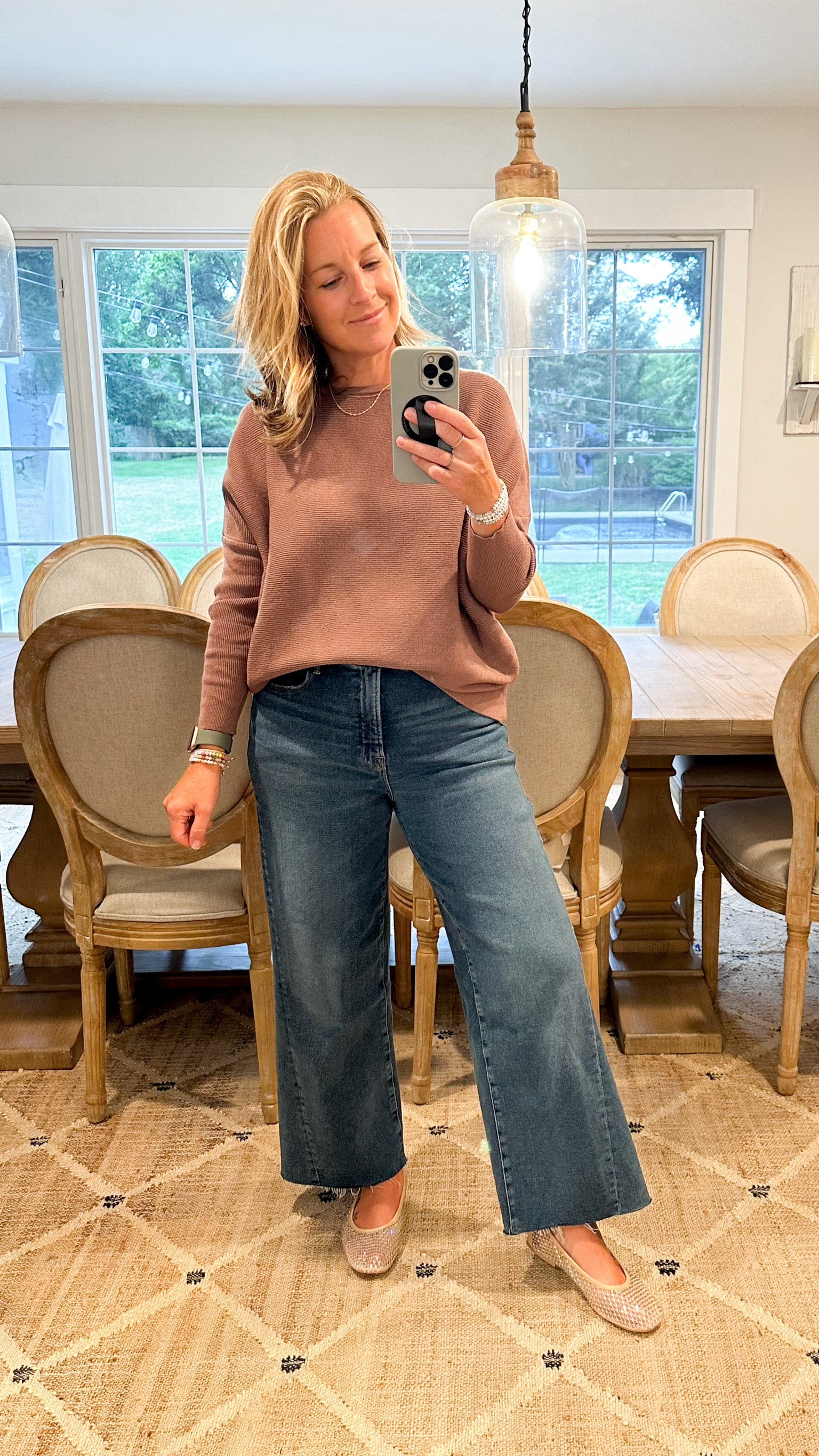 Turned these jeans into a fall outfit for a chillier outdoor party. Small sweater. 10 jeans. Size up 1. 8 shoe. So comfy! 

#LTKSeasonal #LTKBacktoSchool #LTKOver40