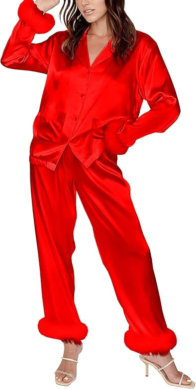 SAPJON Feather Pajamas for Womens Pajama Sets Button Down Long Sleeve Sleepwear Silk Nightwear St... | Amazon (US)