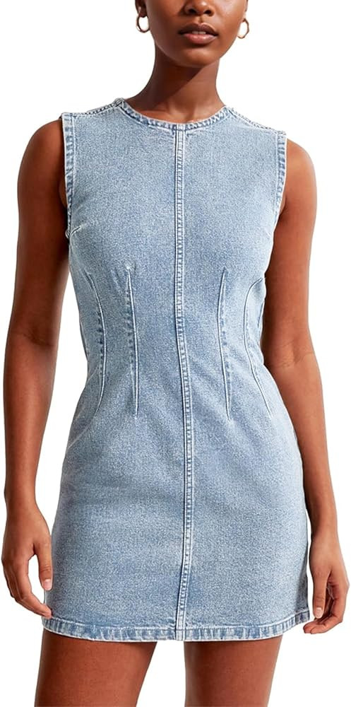 Daacee Women's Sleeveless Bodycon Denim Mini Dress Sleeveless Waist Tucks Zipper Short Tank Jean ... | Amazon (US)