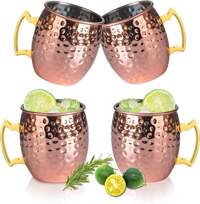 Moscow Mule Mugs Set of 4,Polished Hammered Finished Copper Mug,304 Stainless Steel Lining With G... | Amazon (US)