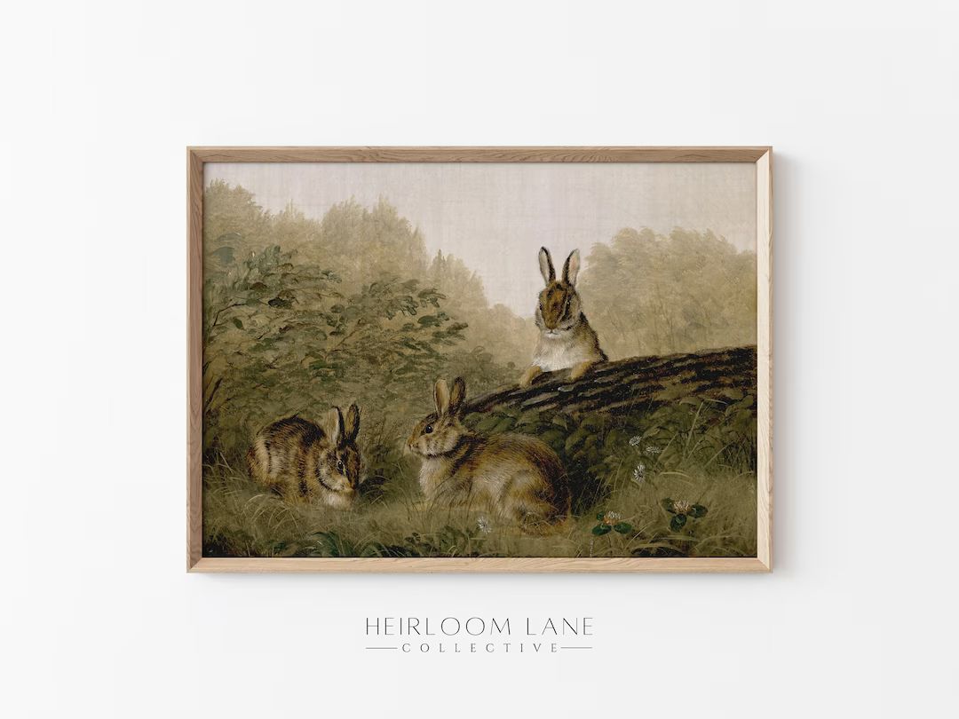 Bunnies on a Log Art Printable Digital Download Vintage - Etsy | Etsy (US)