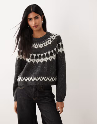 AWARE chunky wool mix fairisle knitted jumper in grey melange | ASOS (Global)