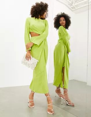 ASOS EDITION long sleeve drape detail midi dress in lime green | ASOS (Global)