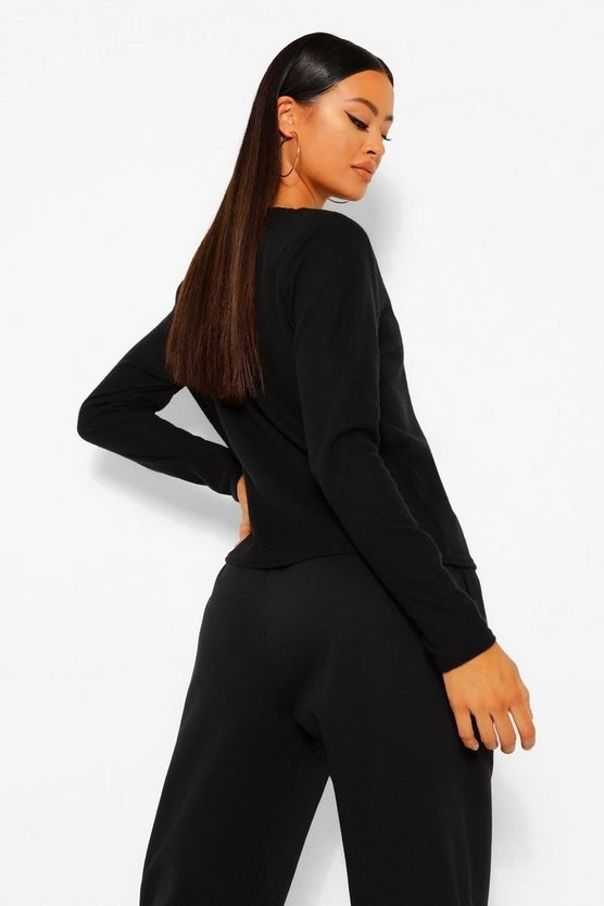Black Long Sleeve Brushed Soft Rib Knit Shoulder Pad Top | Boohoo.com (UK & IE)