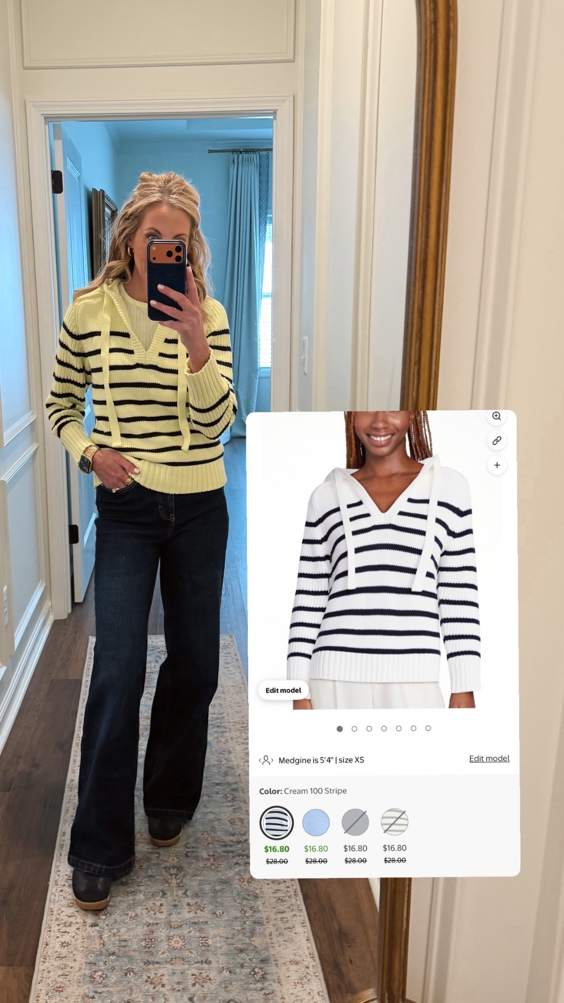 This sweater is on clearance for less than $20. It is truly one of my very favorites. I own it in both yellow and in white comes with a navy stripe looks great with any bottom wearing a size small  