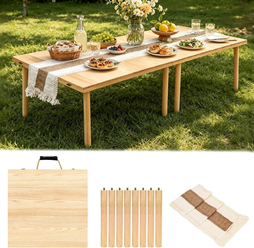 Folding Wooden Picnic Table with Runner, 60"x30" Boho Portable Low Table for Floor Seating, Indoo... | Amazon (US)