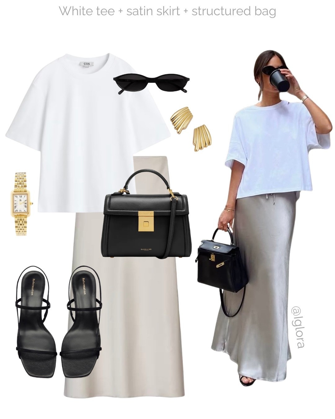 Elevated early summer outfit inspired by @Iglora ✨

Tags: oversized white tee, satin skirt, black strappy sandals, DeMellier handbag, gold watch, black sunglasses, casual office Pinterest outfit