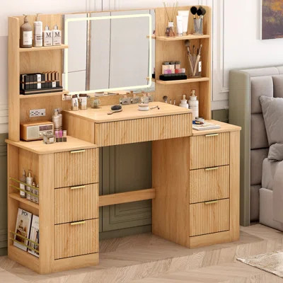 Fluted Makeup Vanity Desk with Mirror and Lights,Vanity Desk with 7 Drawers & Storage Shelves,Modern Dressing Table with Power Outlet,3 Color Modes & | Wayfair North America