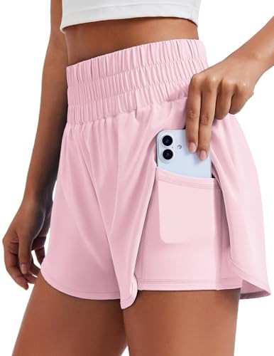 PINSPARK Running Shorts for Womens High Waisted Athletic Gym Shorts Quick Dry Double Layer Workout Active Sports Shorts with Liner and 2 Pockets, Pink X-Large | Amazon (US)