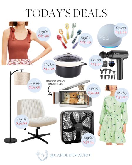 Today’s deals include a chic brown ribbed tie shoulder tank top, baby spoons set, minimalist floor lamp, white swivel armless desk chair, black iron round casserole, and more!
#summerfashion #homefurniture #electronicgadgets #kitchenfinds

#LTKSaleAlert #LTKSeasonal #LTKHome