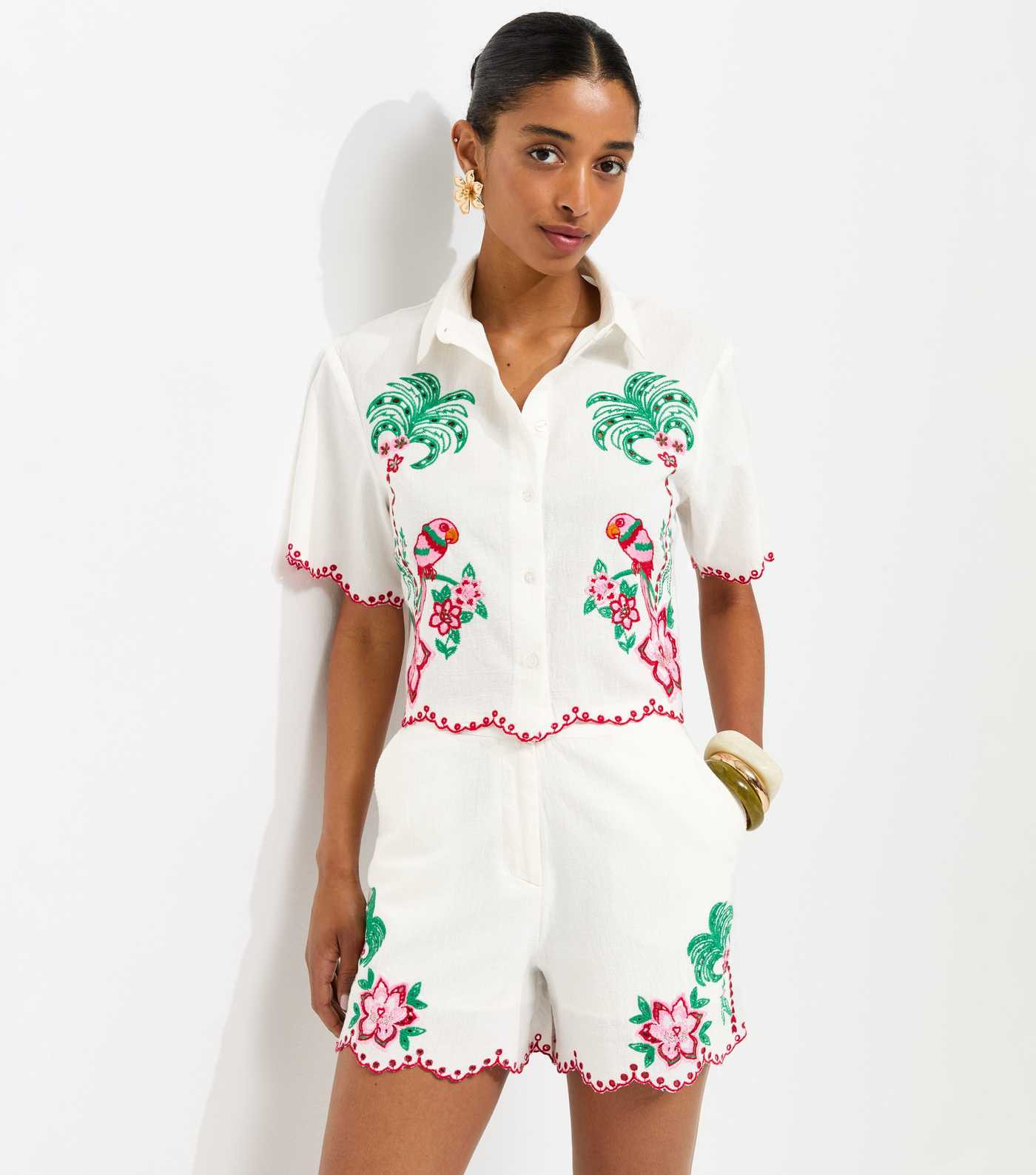 Cream Cotton Embroidered Cropped Shirt | New Look | New Look (UK)