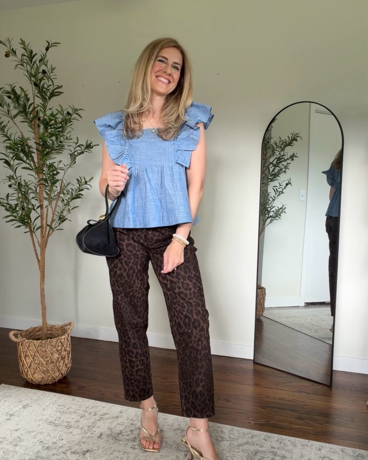 Walmart fall outfit idea with these leopard print barrel jeans and chambray ruffle top, fit is tts, i did a small in the top. #walmartfashion

#LTKOver40 #LTKootd