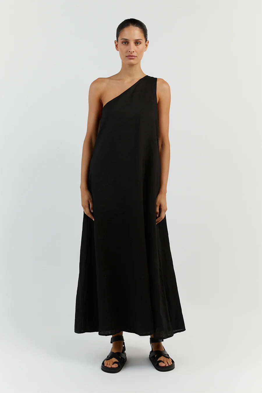AMBER BLACK ONE SHOULDER LINEN MIDI DRESS | DISSH