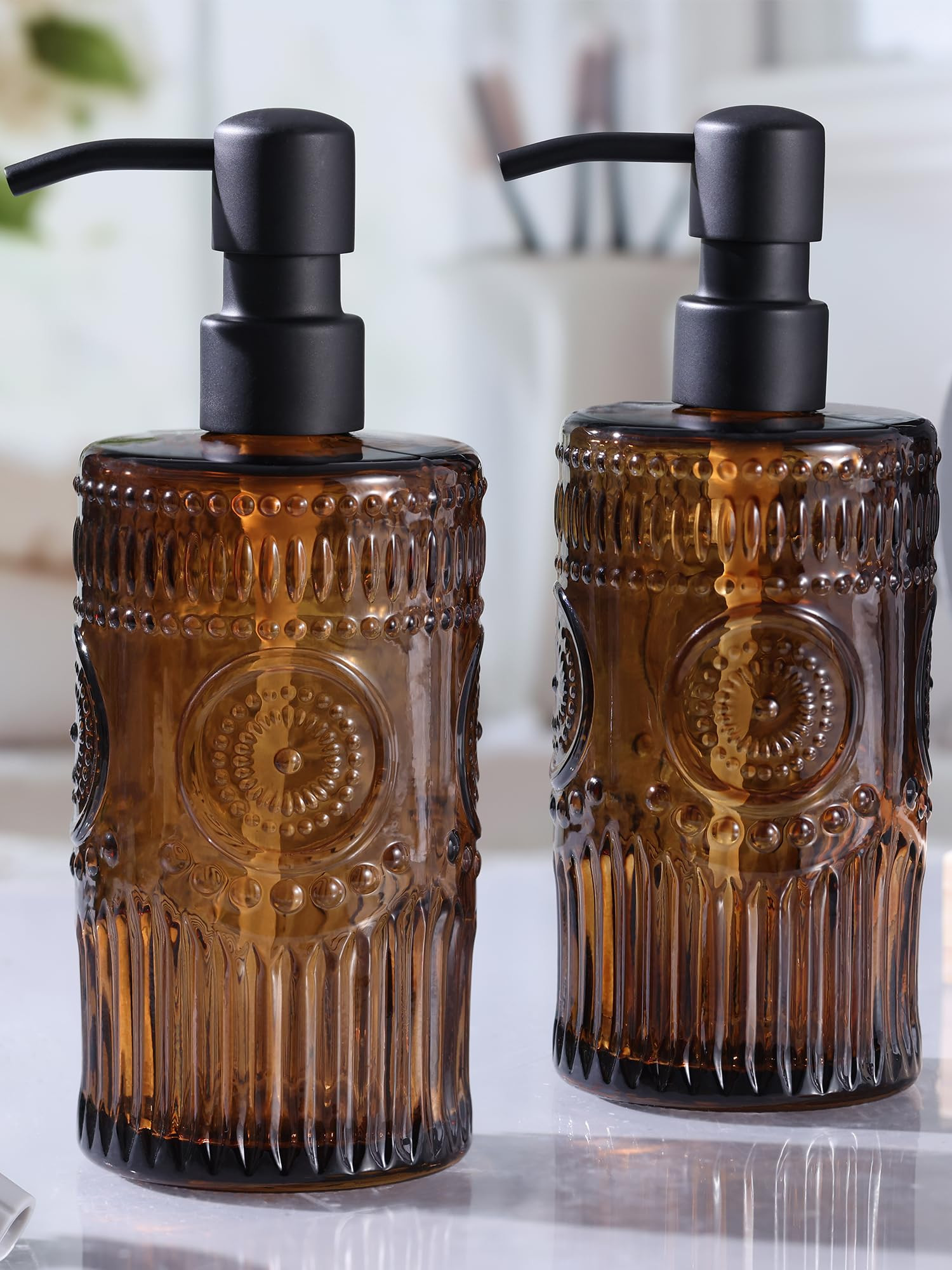 17 OZ Amber Glass Soap Dispenser with Black Stainless Steel Pump, Sunflower Embossed Glass Soap a... | Amazon (US)