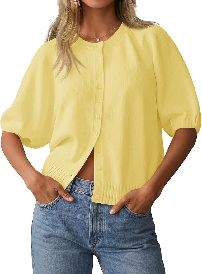 Saodimallsu Womens Puff Half Sleeve Cardigan Lightweight Knit 2026 Spring Summer Crew Neck Button... | Amazon (US)