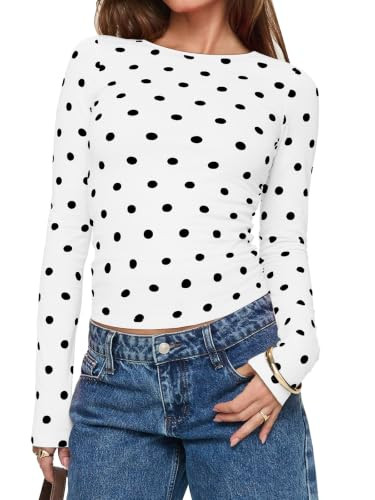 UNCLECAT Women's Polka Dot Long Sleeve Crop Top Slim Fit Trendy Tee | Amazon (US)