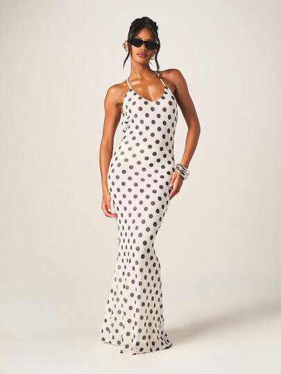 MISSGUIDED Women's Polka Dot Halter Neck Open Back Maxi Dress With Mesh Fabric And Cross Back Str... | SHEIN