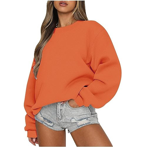slqdgmryz Oversized Crewneck Sweatshirt Women Fall Cute Sweatshirts Loose Lightweight College Hoodies Y2K Long Sleeve Shirts Crewneck Sweatshirts Women Oversized Sweatshirt for Women, Orange, Large | Amazon (US)