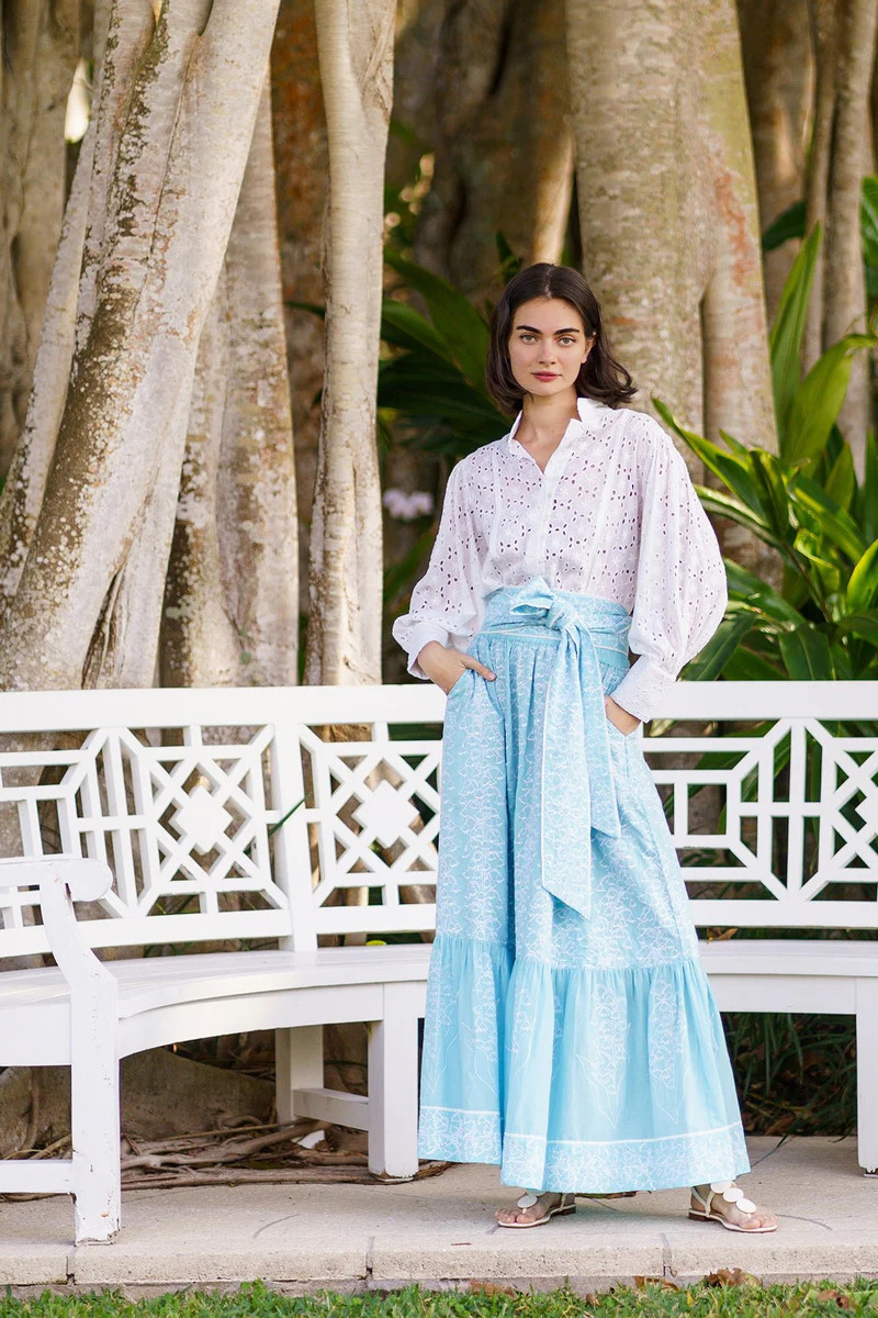 SUE SARTOR Flounce Skirt | Lake Lily of the Valley Embroidery | SUE SARTOR