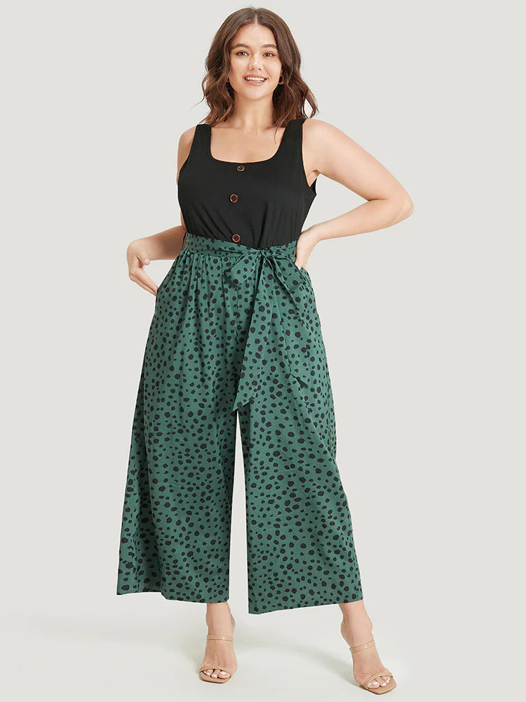 Polka Dot Patchwork Button Detail Belted Square Neck Jumpsuit | Bloomchic