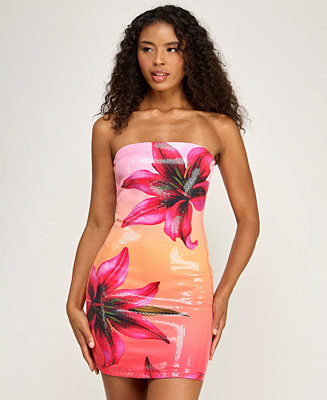 Women's Tropical Floral Sequin Strapless Mini Dress | Macy's