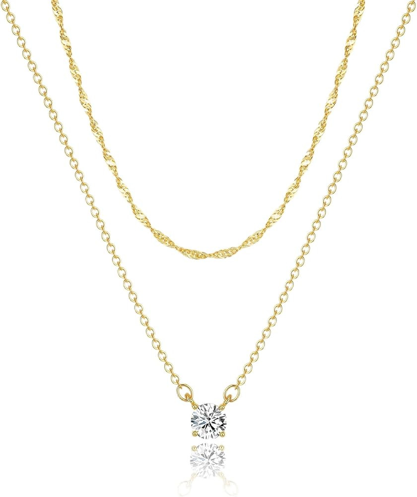 Tewiky Dainty Layered 14K Gold Plated Necklaces Simple CZ Solitaire Pendant Necklace Cute Cubic Z... | Amazon (US)