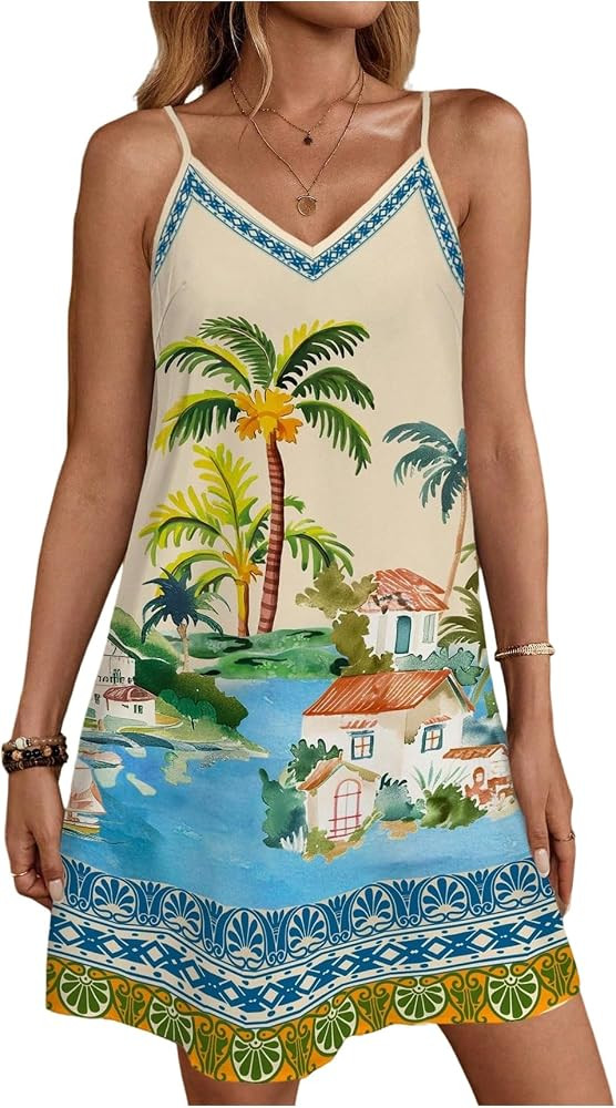 RoseSeek Women's Tropical Graphic V Neck Mini Dresses Boho Holiday Vacation Backless Cami Dress | Amazon (US)