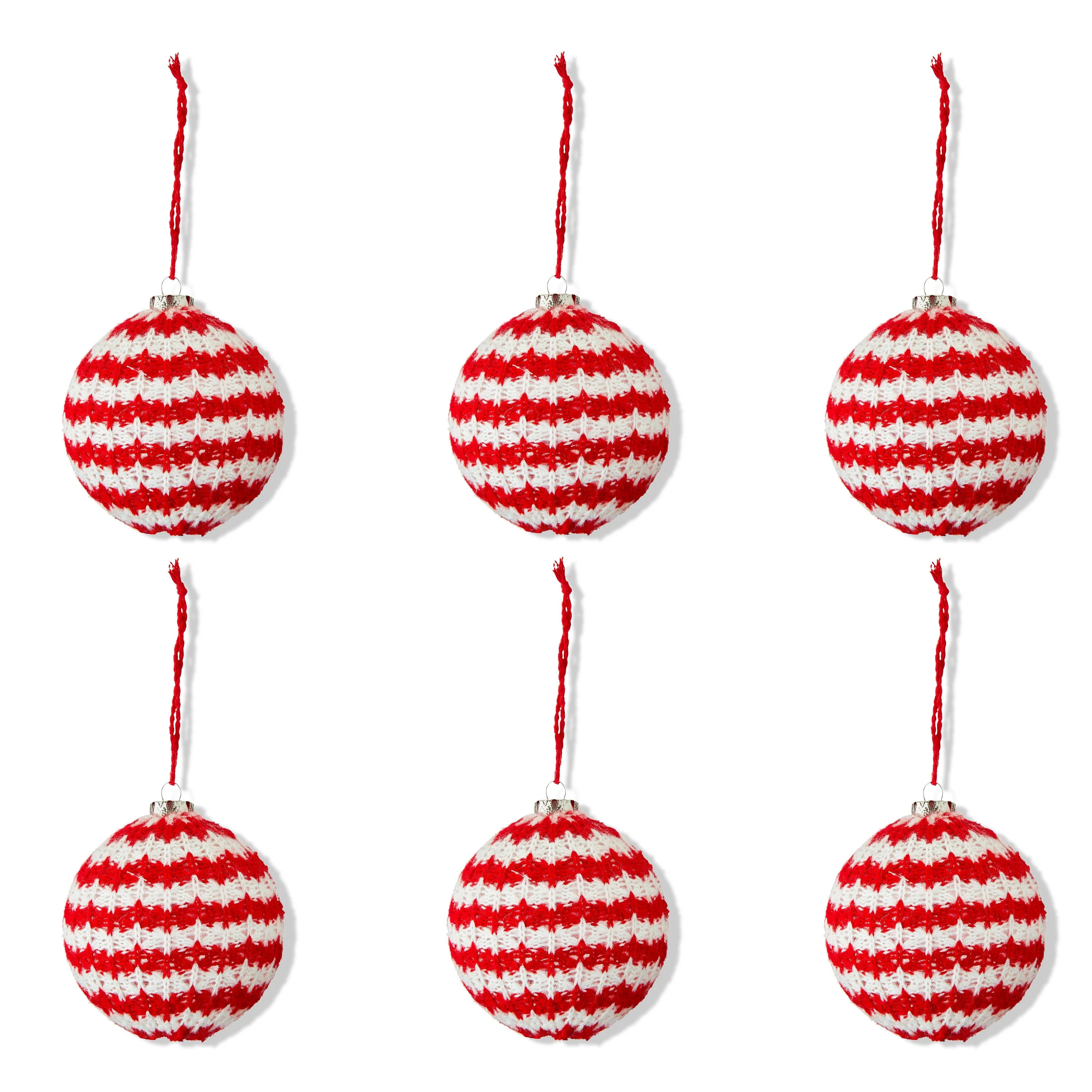 Red and White Knitted Ball Christmas Ornaments, 3 in, 6 Count, by Holiday Time | Walmart (US)