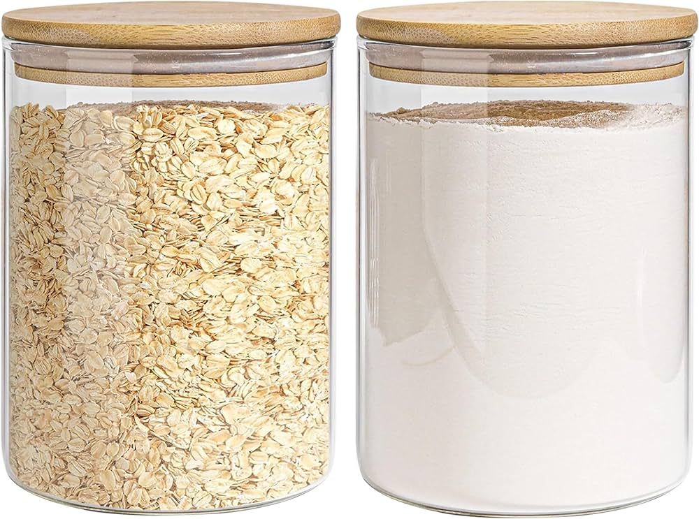 EQEY Glass Storage Jars Set Elegant Containers with Airtight Bamboo Lids, Perfect for Kitchen Organization - Flour, Rice, Pasta, Sugar, Coffee Beans, Accessories Included (2 packs(111oz)) | Amazon (US)