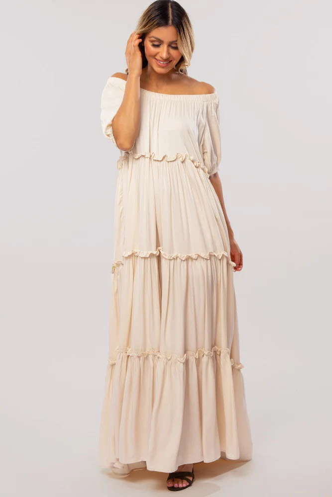 Cream Off Shoulder Ruffle Tiered Maternity Maxi Dress | PinkBlush Maternity