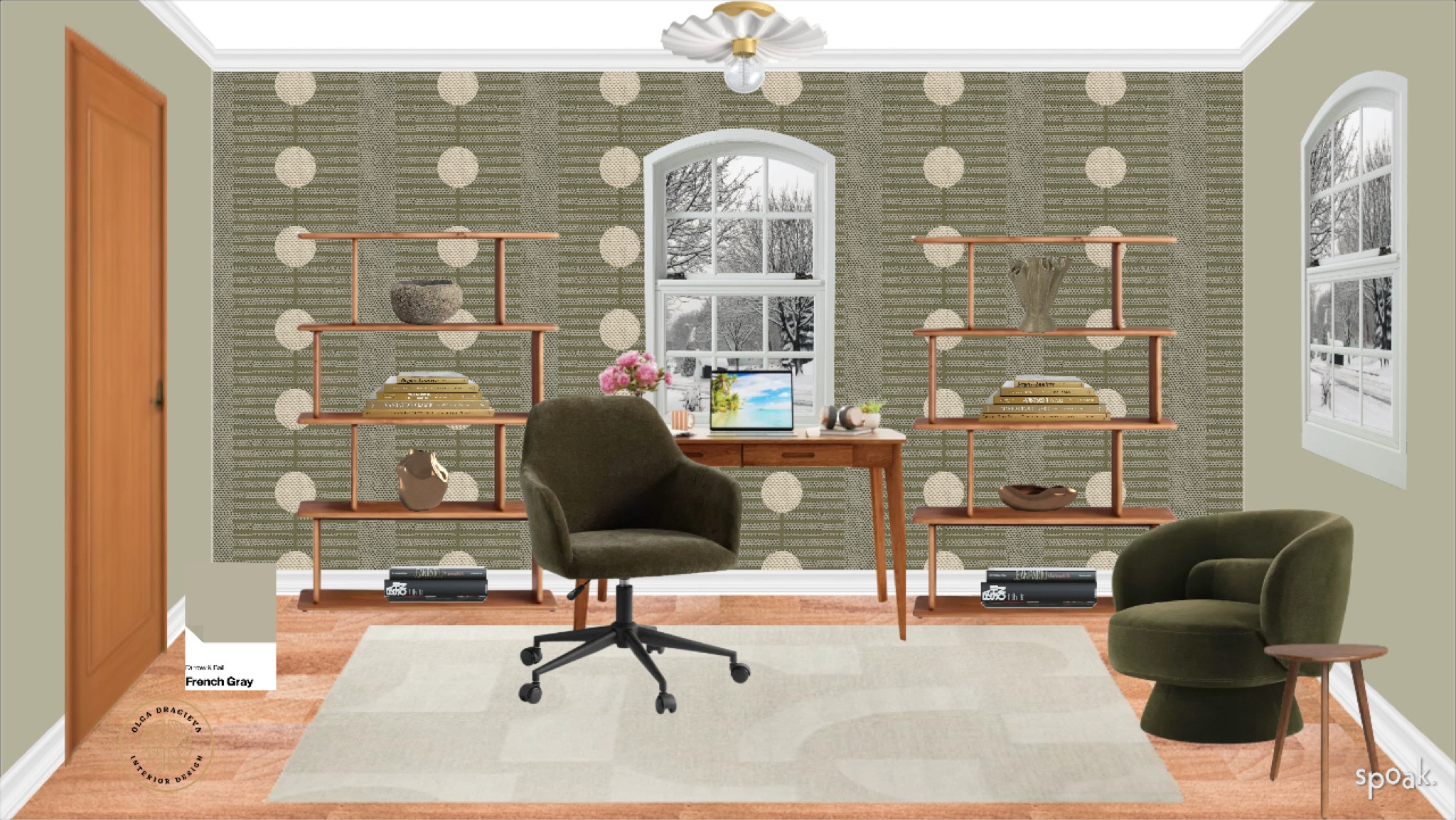 Beautiful home office space, desk from Wayfair, gorgeous office chair from Pottery Barn, mango wood bookshelves, geometric wallpaper and wool rug, beautiful green side chair from Wayfair and white flush mount light. Vases and bowls from Wayfair. #homeoffice #homedecor

#LTKSeasonal #LTKHome #LTKStyleTip